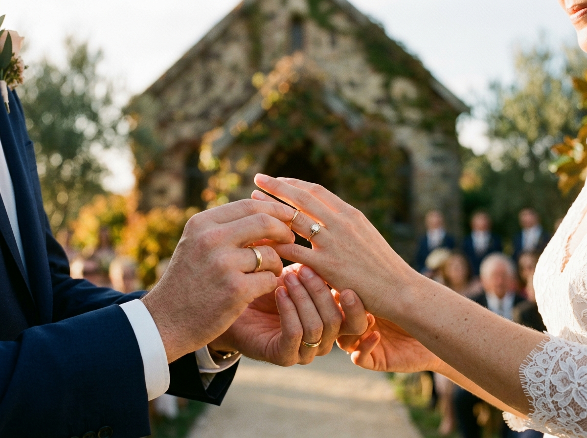 Intertwined hands with wedding bands in golden light