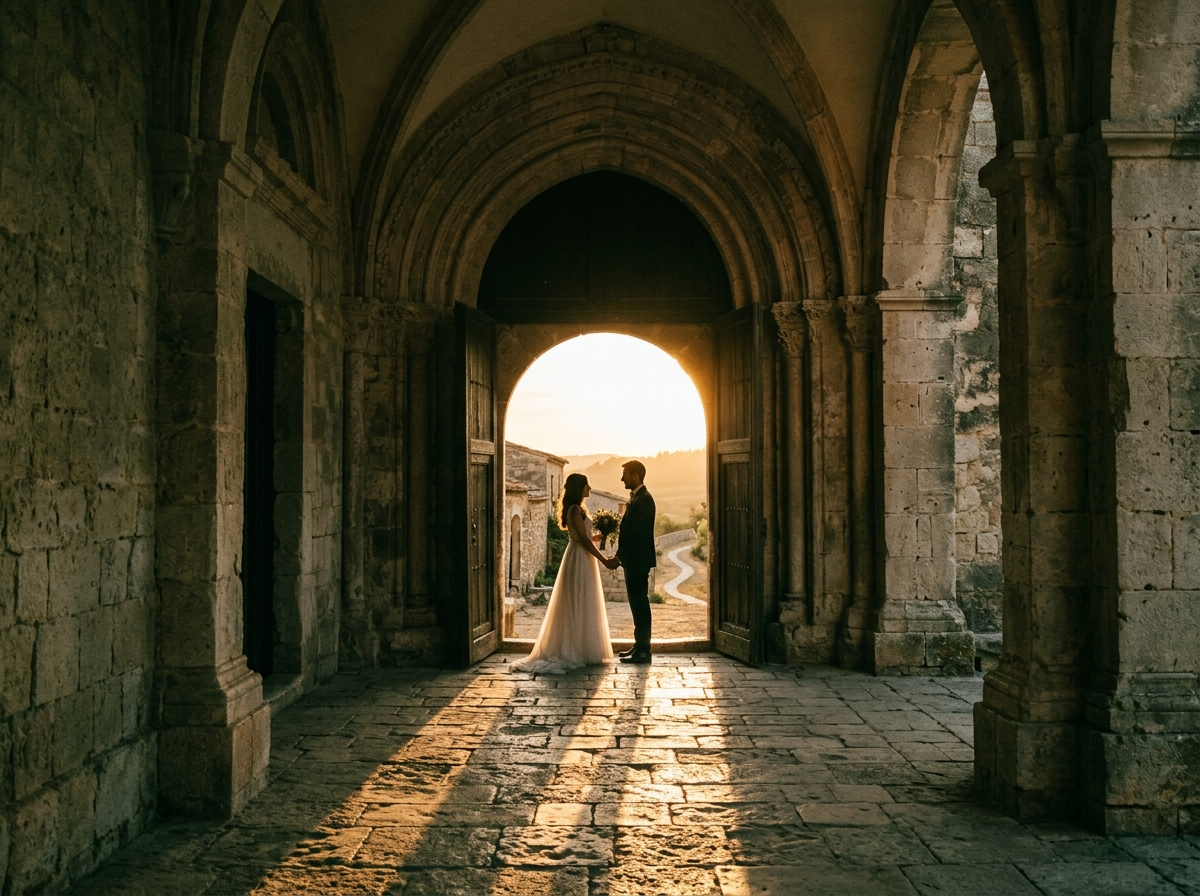 Couple silhouetted in a stone doorway at golden hour