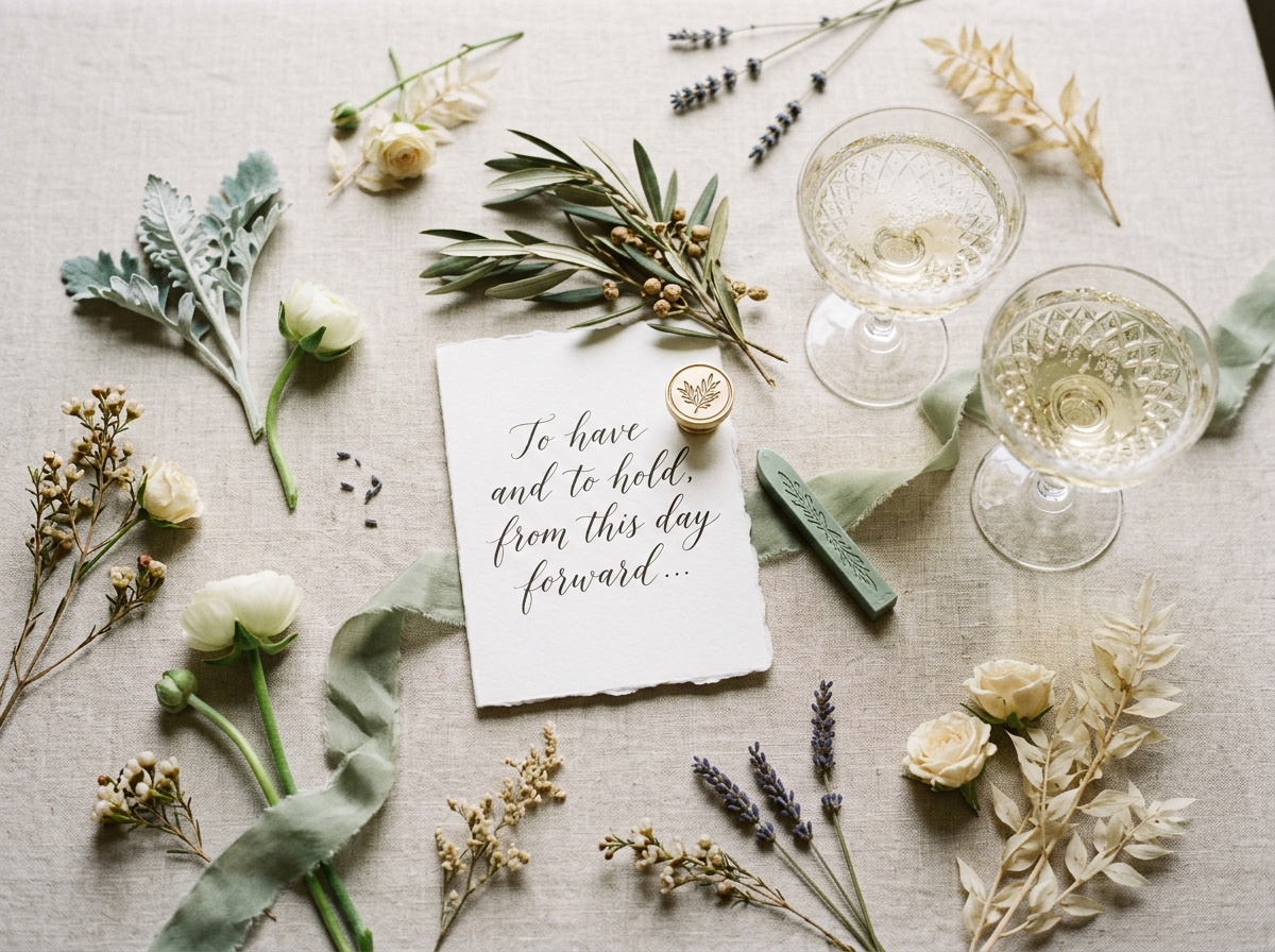Overhead view of wedding details on linen tablecloth