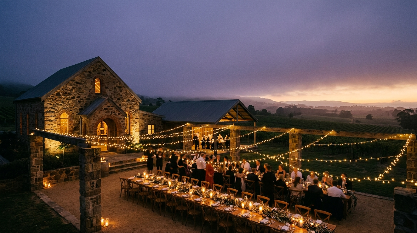 Venue at dusk with string lights